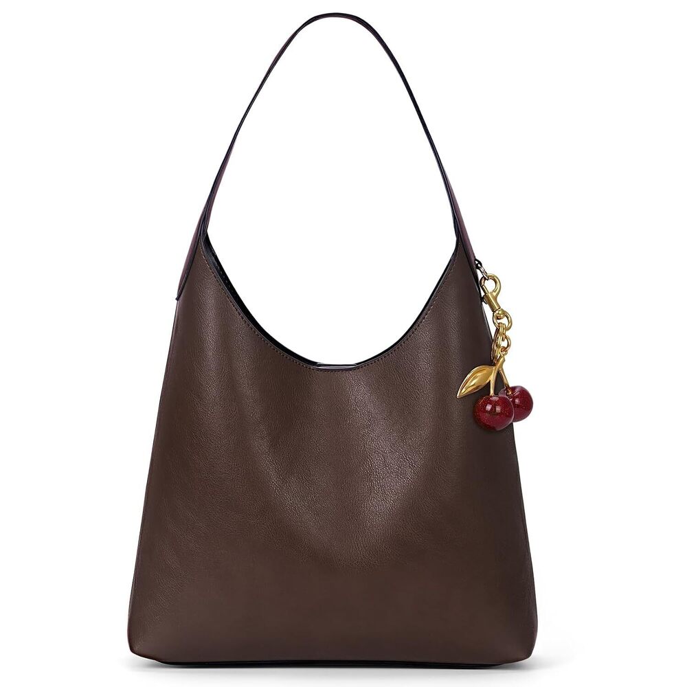 Faux Suede Hobo Bags Vegan Leather Shoulder Bag Tote for Women with Cherry Charm